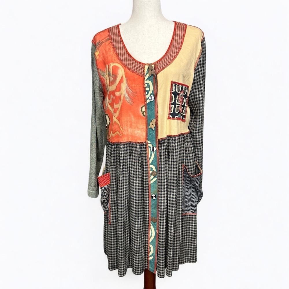 Vintage 90s Boho Hippie Festival Dress Mix Print Patchwork Wearable Art Sz Small